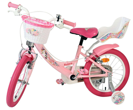 Rosa Kinderfahrrad mit Korb und Einhorn-Motiv, 16 Zoll Räder