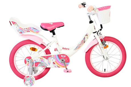 Kinderfahrrad in Weiß und Pink mit Einhorn-Motiv und Korb