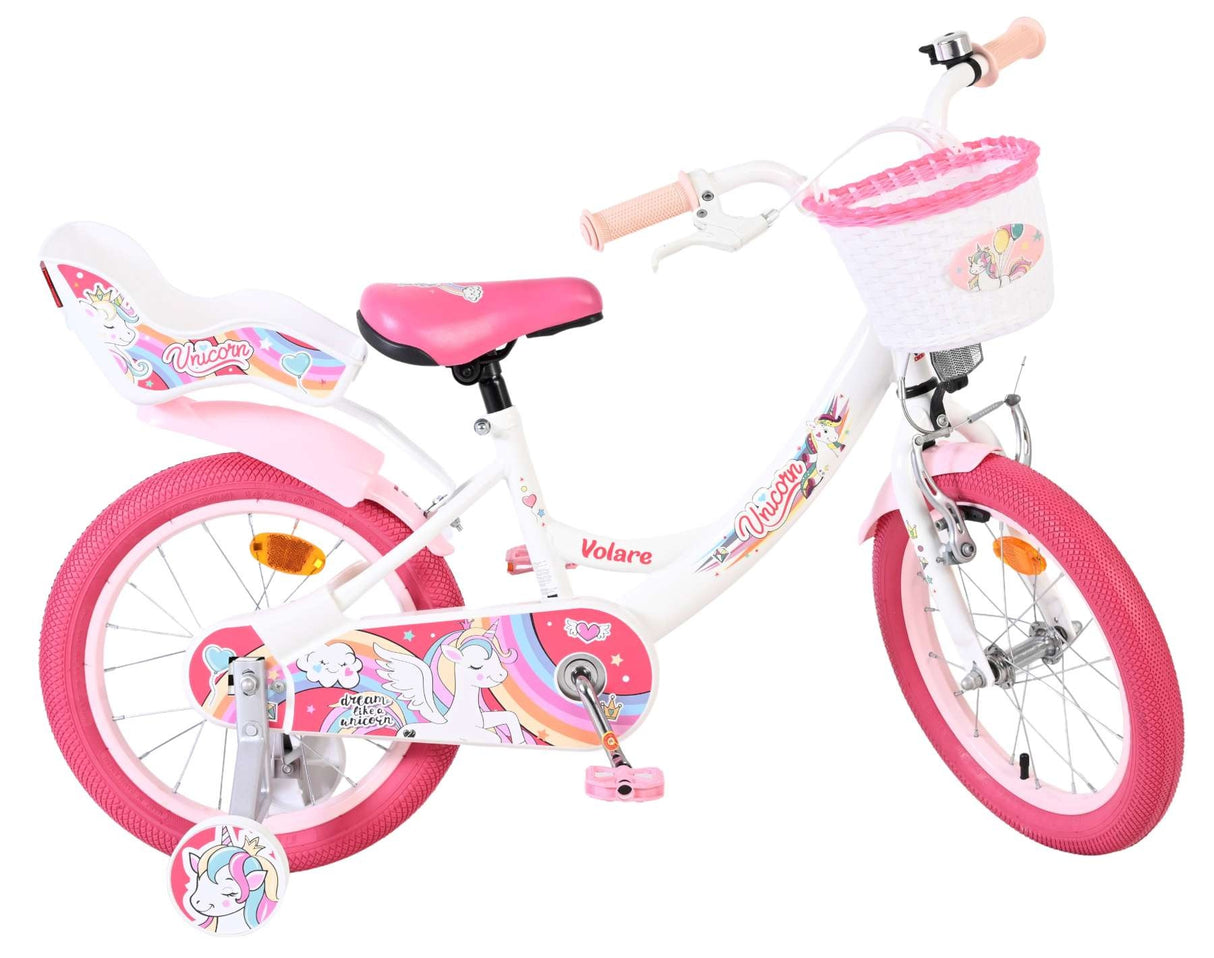 Kinderfahrrad in Pink mit Einhorn-Motiv und Korb vorne