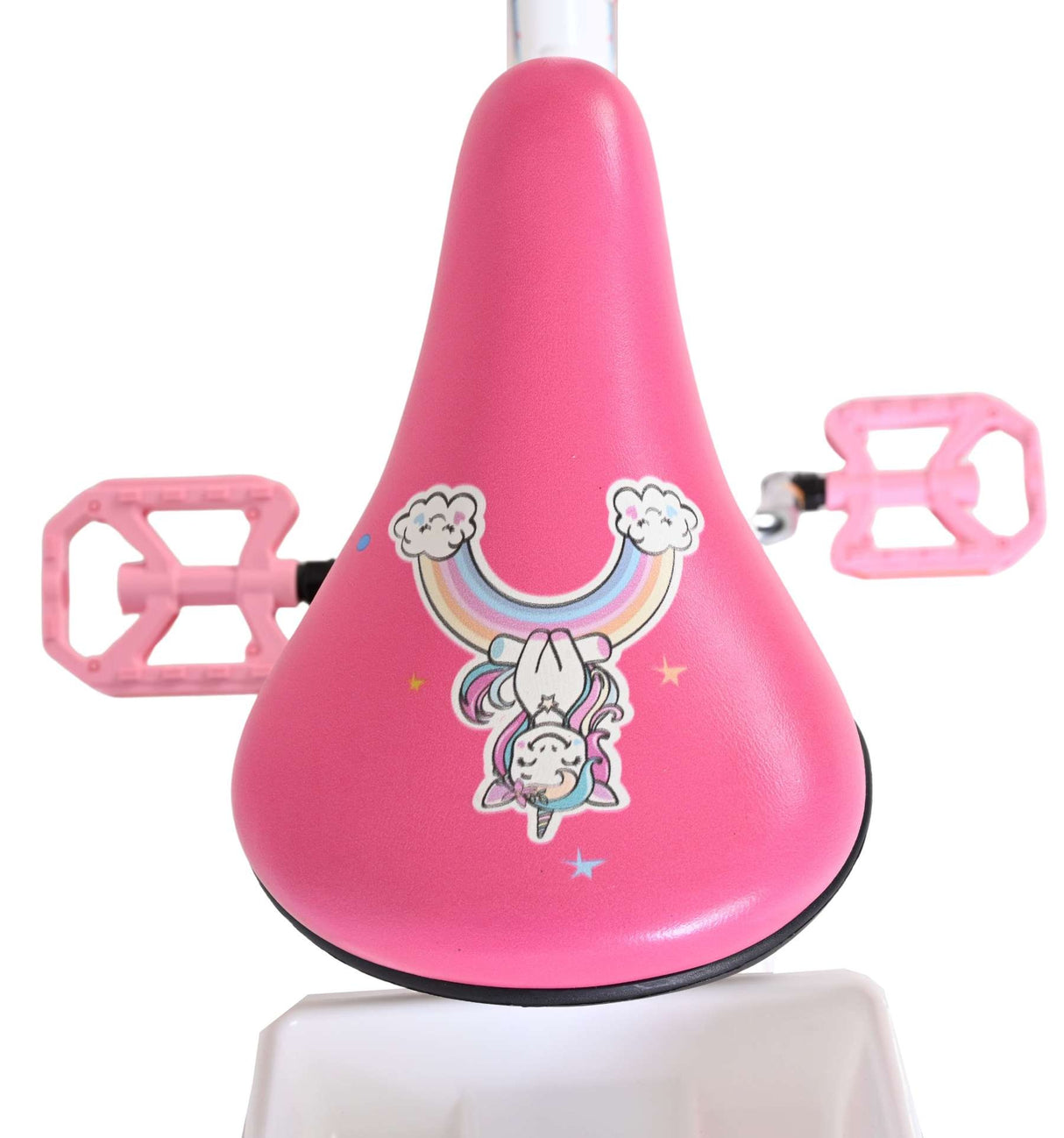 Rosa Fahrradsattel mit Einhorn-Design und Regenbogenmotiven