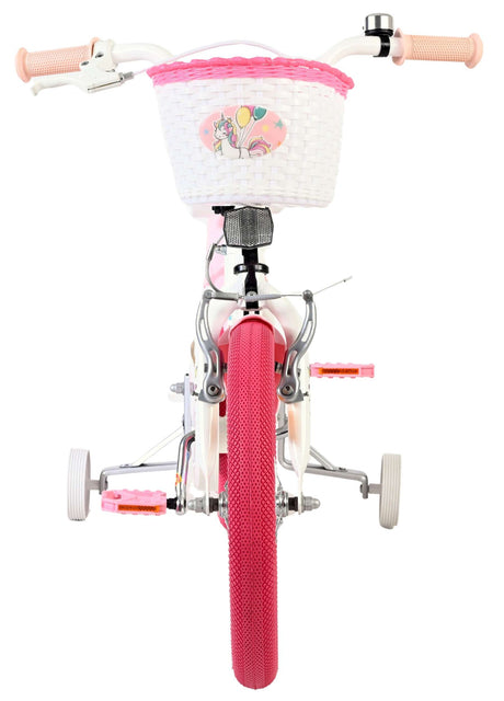 Kinderfahrrad mit pinken Reifen und Korb vorne, weiß und rosa gestaltet
