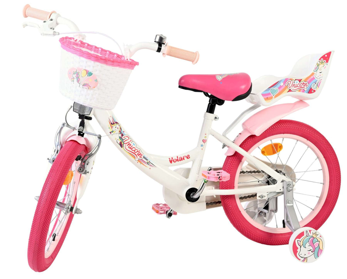 Kinderfahrrad mit pinken Reifen und Korb, Einhorn-Motiv