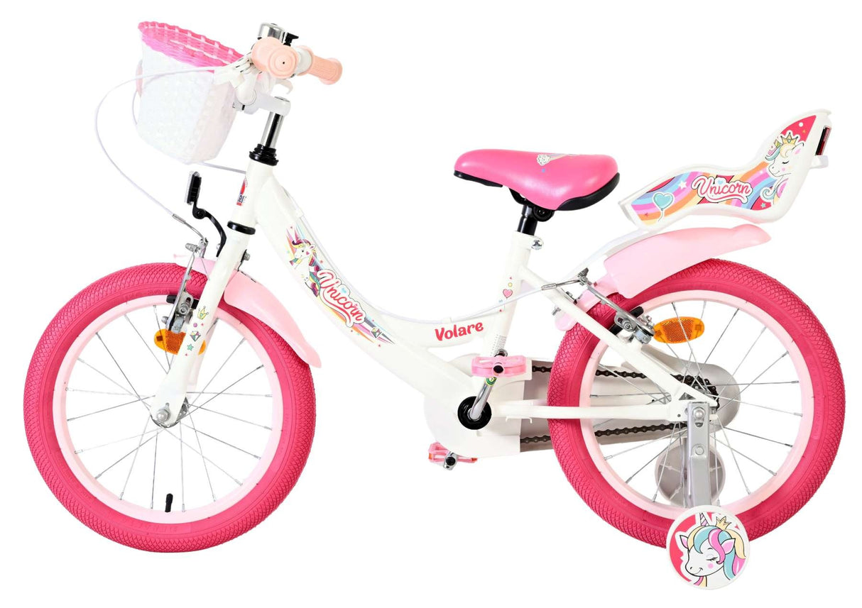 Kinderfahrrad in Weiß und Pink mit Einhornmotiv und Korb