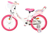 Kinderfahrrad in Weiß und Pink mit Einhornmotiv und Korb