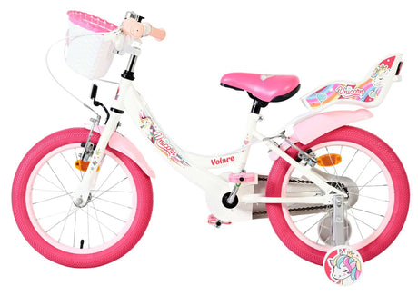 Kinderfahrrad in Weiß und Pink mit Einhornmotiv und Korb