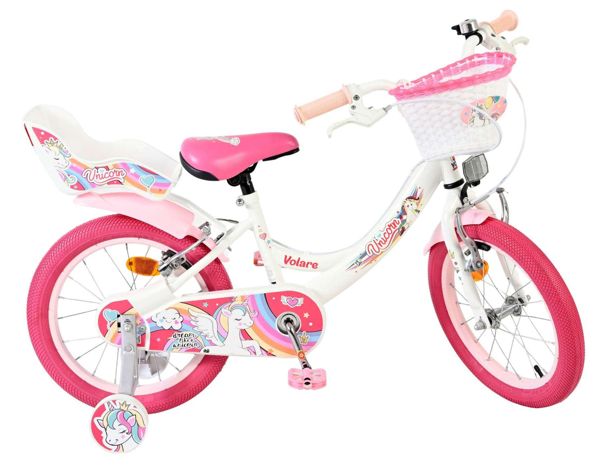 Kinderfahrrad in Weiß und Pink mit Einhornmotiven und Korb