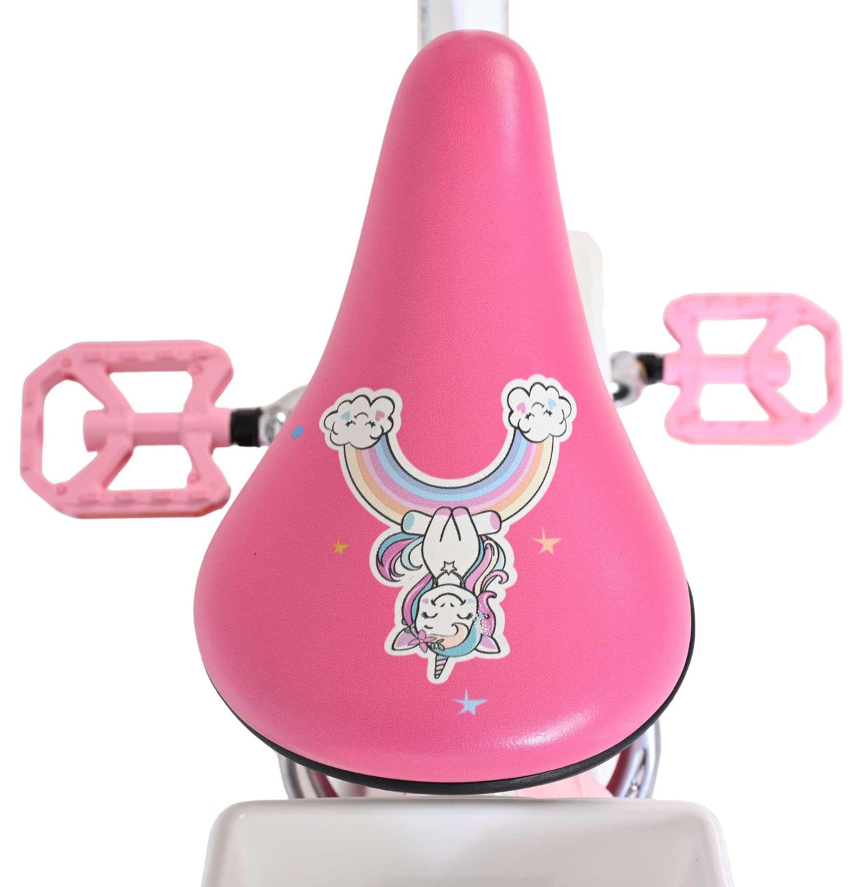 Rosa Fahrradsattel mit Einhorn-Design und Regenbogenmotiv