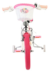 Kinderfahrrad mit pinkem Korb und bunten Griffen, weiße Rahmenfarbe