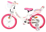 Kinderfahrrad in Weiß und Pink mit Einhorn-Motiv und Korb