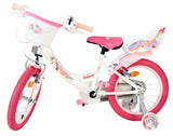 Kinderfahrrad in Weiß und Pink mit Korb und Einhorn-Motiv