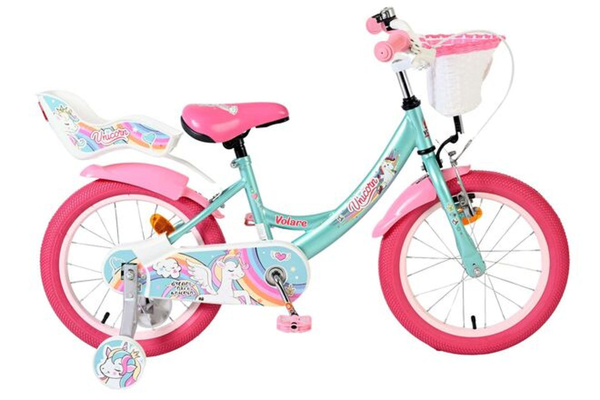 Kinderfahrrad in Türkis und Pink mit Einhorn-Motiv und Korb
