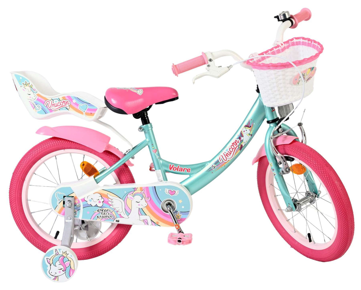 Volare Unicorn Kinderfahrrad – Mädchen – 16 Zoll – Grün – mit abnehmbaren Stützrädern, Korb und Puppensitz, Rücktritt- und Handbremse, verstellbar, 4–6 Jahre