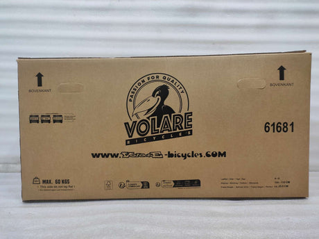 Kartonverpackung für ein Fahrrad mit Logo und Gewichtshinweis