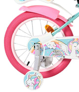 Pinkes Kinderfahrrad mit Einhorn-Motiv und stabilen Stützrädern