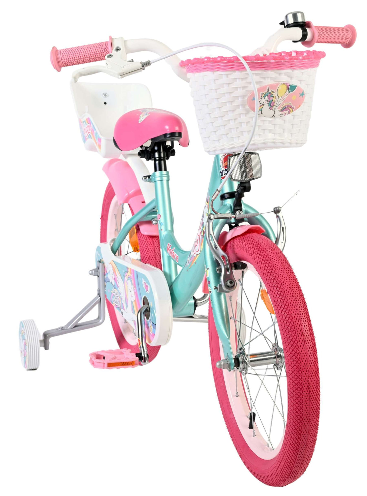 Kinderfahrrad in Türkis und Pink mit Korb und Stützrädern