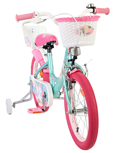 Kinderfahrrad in Türkis und Pink mit Korb und Stützrädern