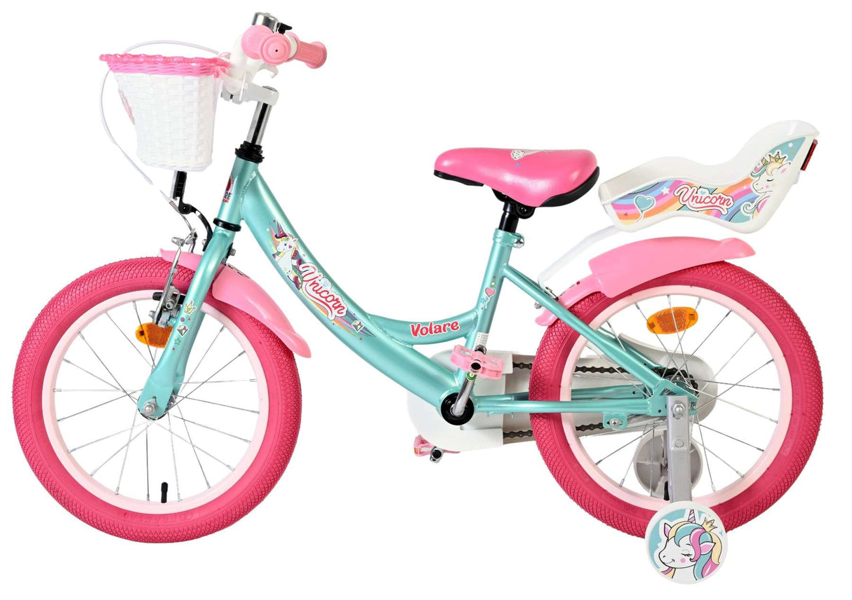 Kinderfahrrad in Mintgrün und Pink mit Korb und Einhornmotiv