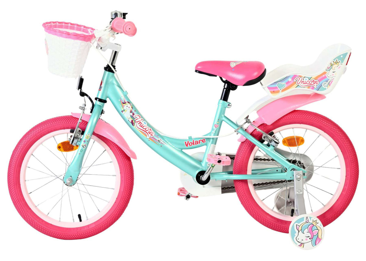 Volare Unicorn Kinderfahrrad 16 Zoll Grün mit Handbremsen und Stützrädern