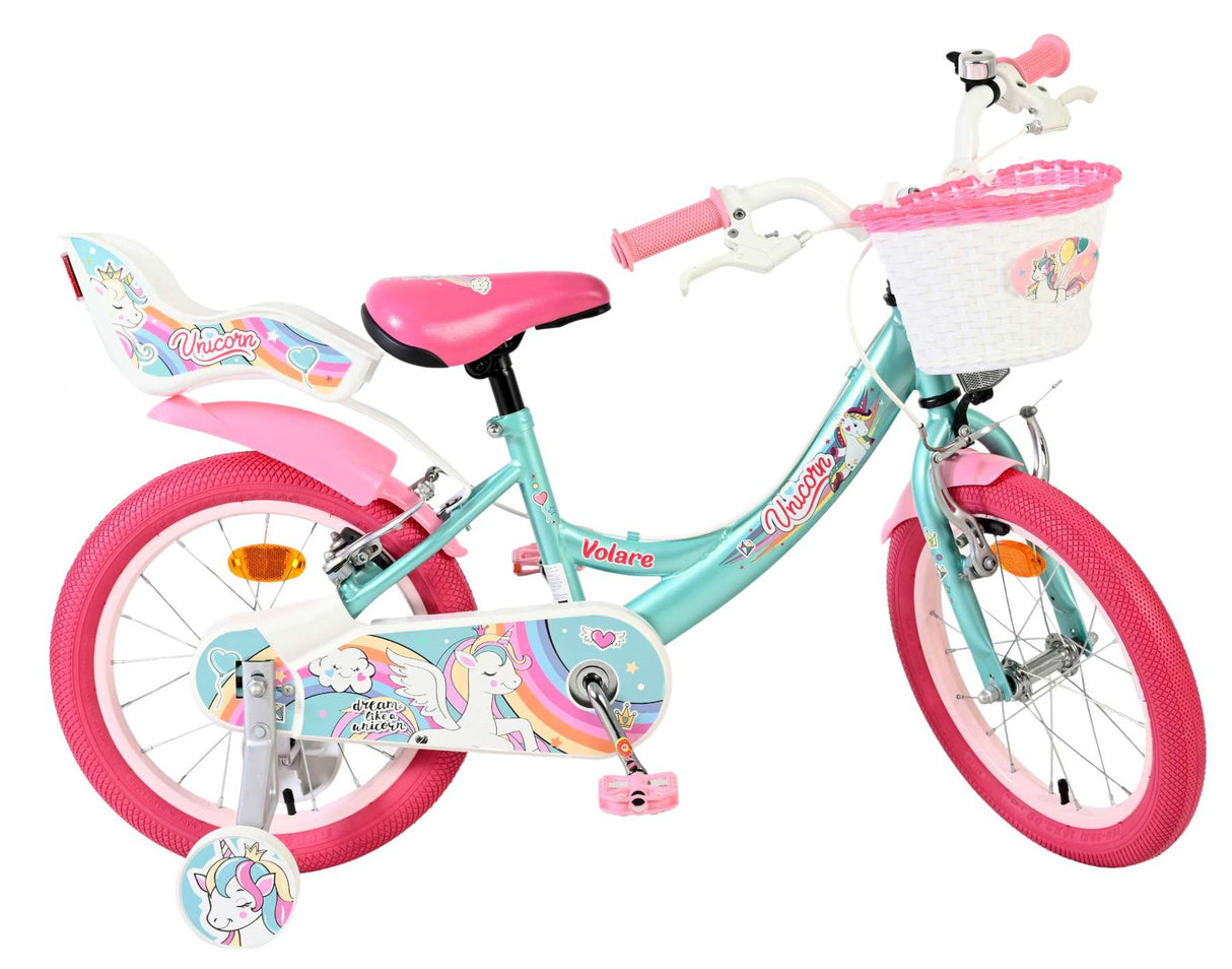 Volare Unicorn Kinderfahrrad 16 Zoll Grün mit Handbremsen und Stützrädern
