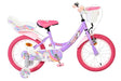Lila Kinderfahrrad mit Einhorn-Motiv und pinken Reifen und Korb