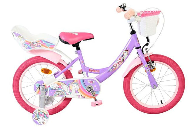 Lila Kinderfahrrad mit Einhorn-Motiv und pinken Reifen und Korb