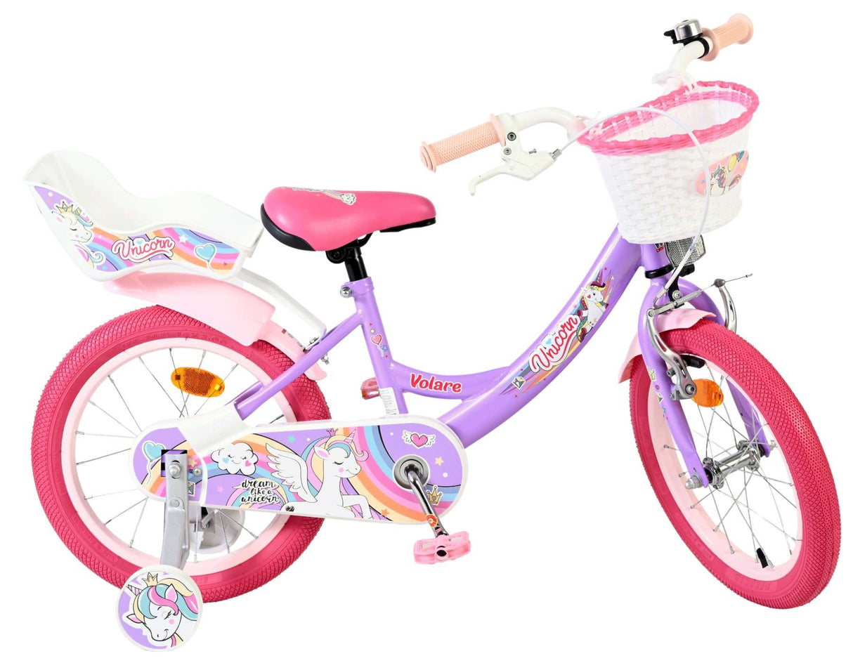 Lila Kinderfahrrad mit Einhornmotiven und pinken Reifen