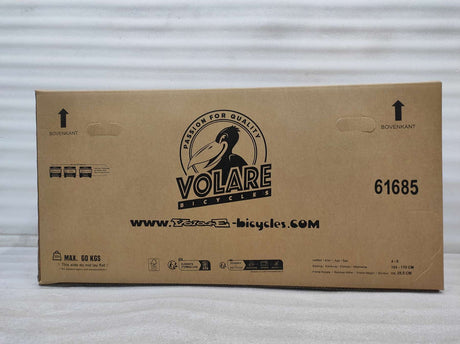 Kartonverpackung für ein Fahrrad mit Logo und Gewichtsangabe