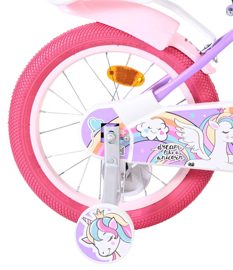 Buntes Kinderfahrrad mit Einhorn-Motiv und pinken Reifen