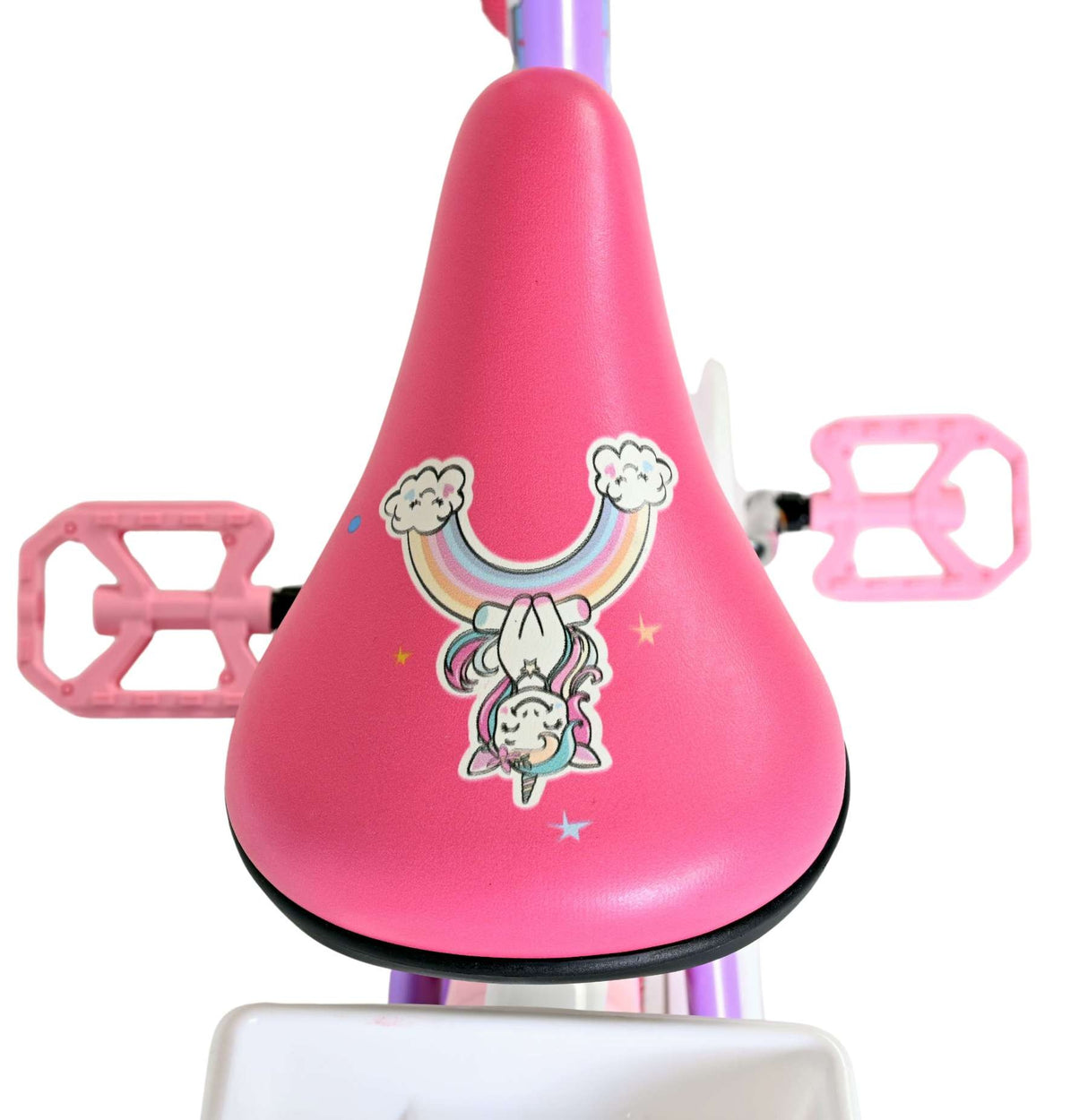 Rosa Fahrradsattel mit Einhorn-Design und Regenbogenmotiven