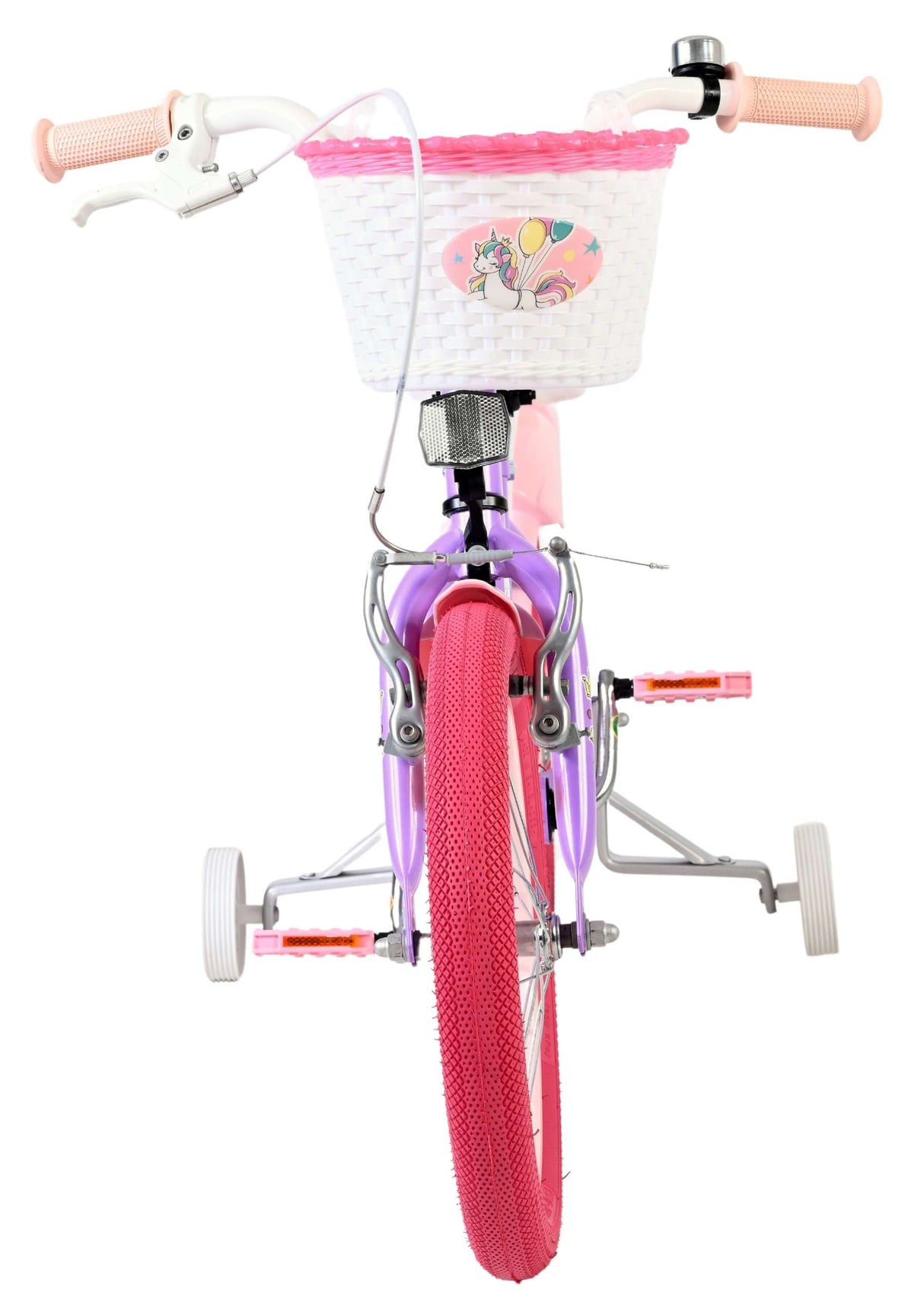 Lila Kinderfahrrad mit pinken Reifen und Korb im Einhorn-Design
