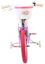 Lila Kinderfahrrad mit pinken Reifen und Korb im Einhorn-Design