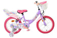 Lila Kinderfahrrad mit Einhorn-Motiv und pinken Reifen und Korb