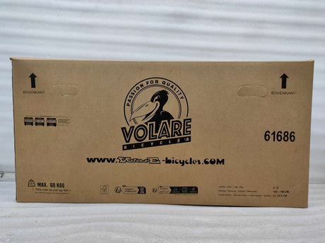 Kartonverpackung für ein Fahrrad mit Logo und Website-Adresse