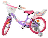 Lila und rosa Kinderfahrrad mit Korb und stabilen Reifen