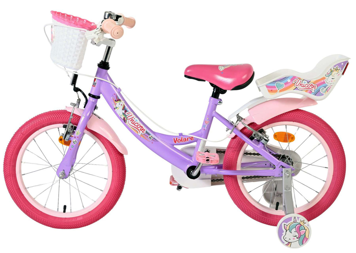 Volare Unicorn Kinderfahrrad 16 Zoll Lila mit Handbremsen und Stützrädern