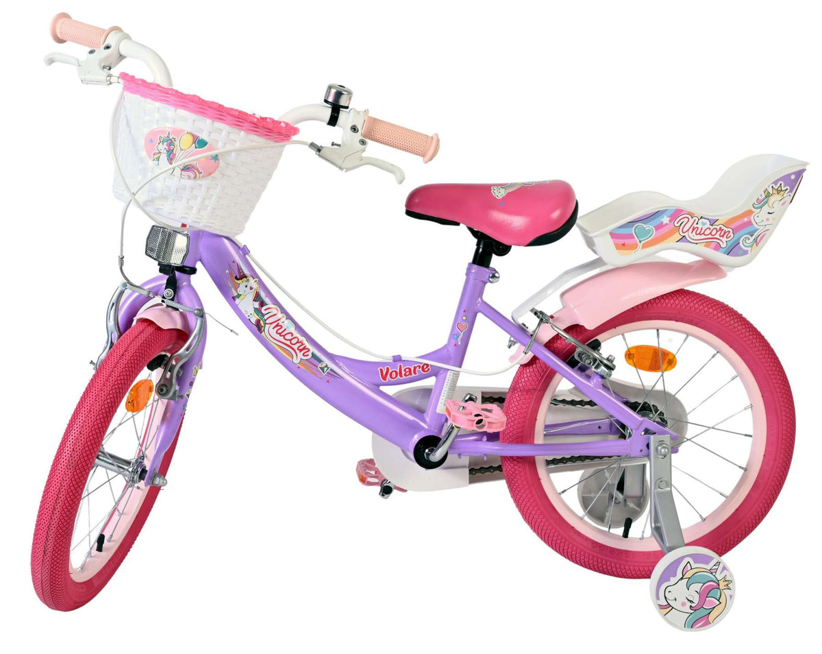 Volare Unicorn Kinderfahrrad 16 Zoll Lila mit Handbremsen und Stützrädern