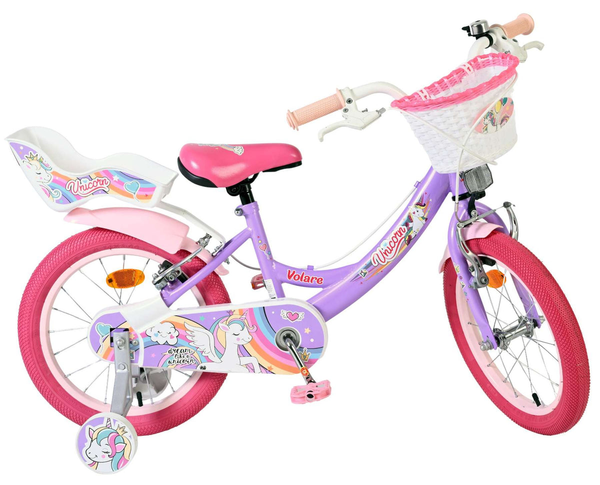 Volare Unicorn Kinderfahrrad 16 Zoll Lila mit Handbremsen und Stützrädern