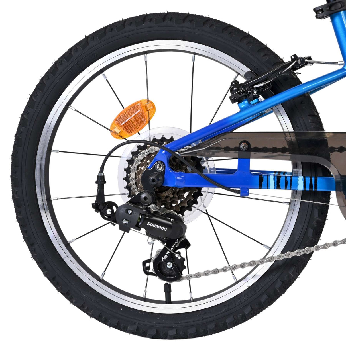 Blaues Fahrrad mit Hinterrad, Kette und Shimano-Schaltung sichtbar
