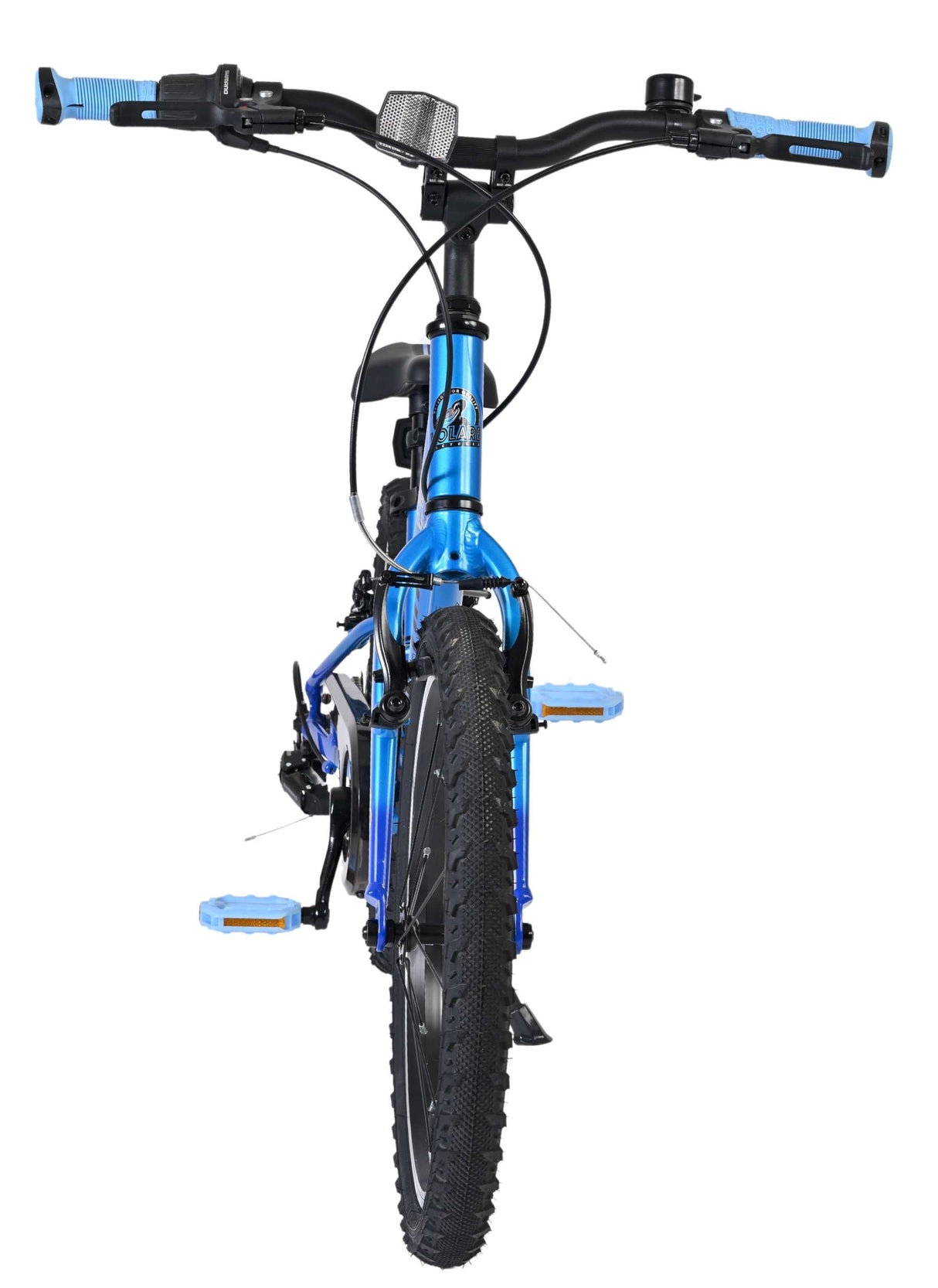 Blaues Mountainbike mit breiten Reifen und sportlichem Lenkerdesign
