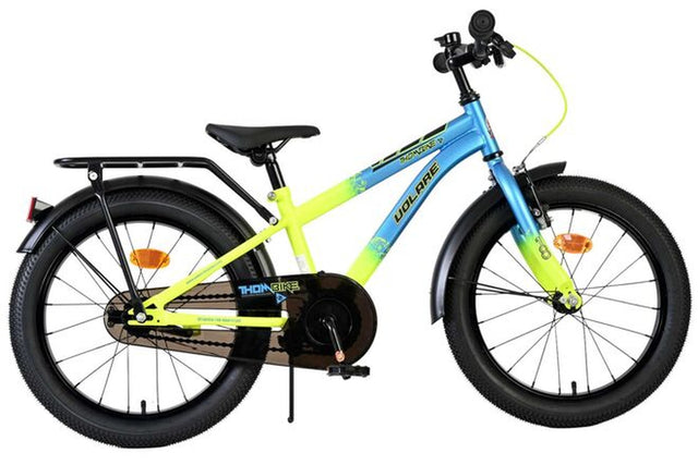 Kinderfahrrad in Blau und Gelb mit stabilen Reifen und Gepäckträger
