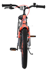 Fahrrad mit orangefarbenem Rahmen, breiten Reifen und sportlichem Lenker