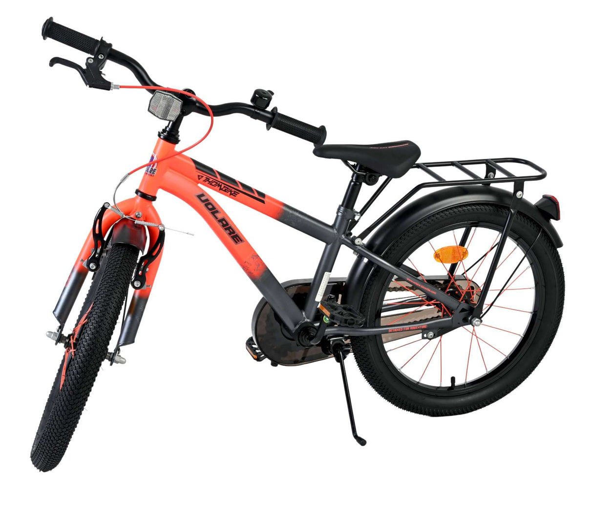 Fahrrad in Orange und Grau mit Gepäckträger und dicken Reifen
