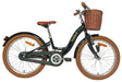 Schwarzes Kinderfahrrad mit Korb und braunen Reifen