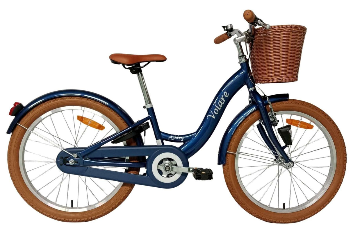 Blaues Kinderfahrrad mit Korb, braunen Reifen und bequemen Sitz