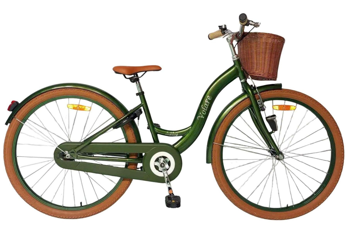 Damenfahrrad in Grün mit Korb und braunen Reifen