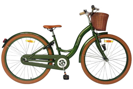 Damenfahrrad in Grün mit Korb und braunen Reifen