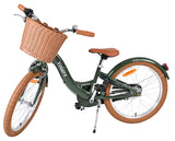 Dunkelgrünes Fahrrad mit Korb, braunen Griffen und Reifen