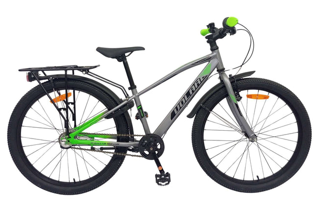 Mountainbike in Silber mit grünen Akzenten und Gepäckträger
