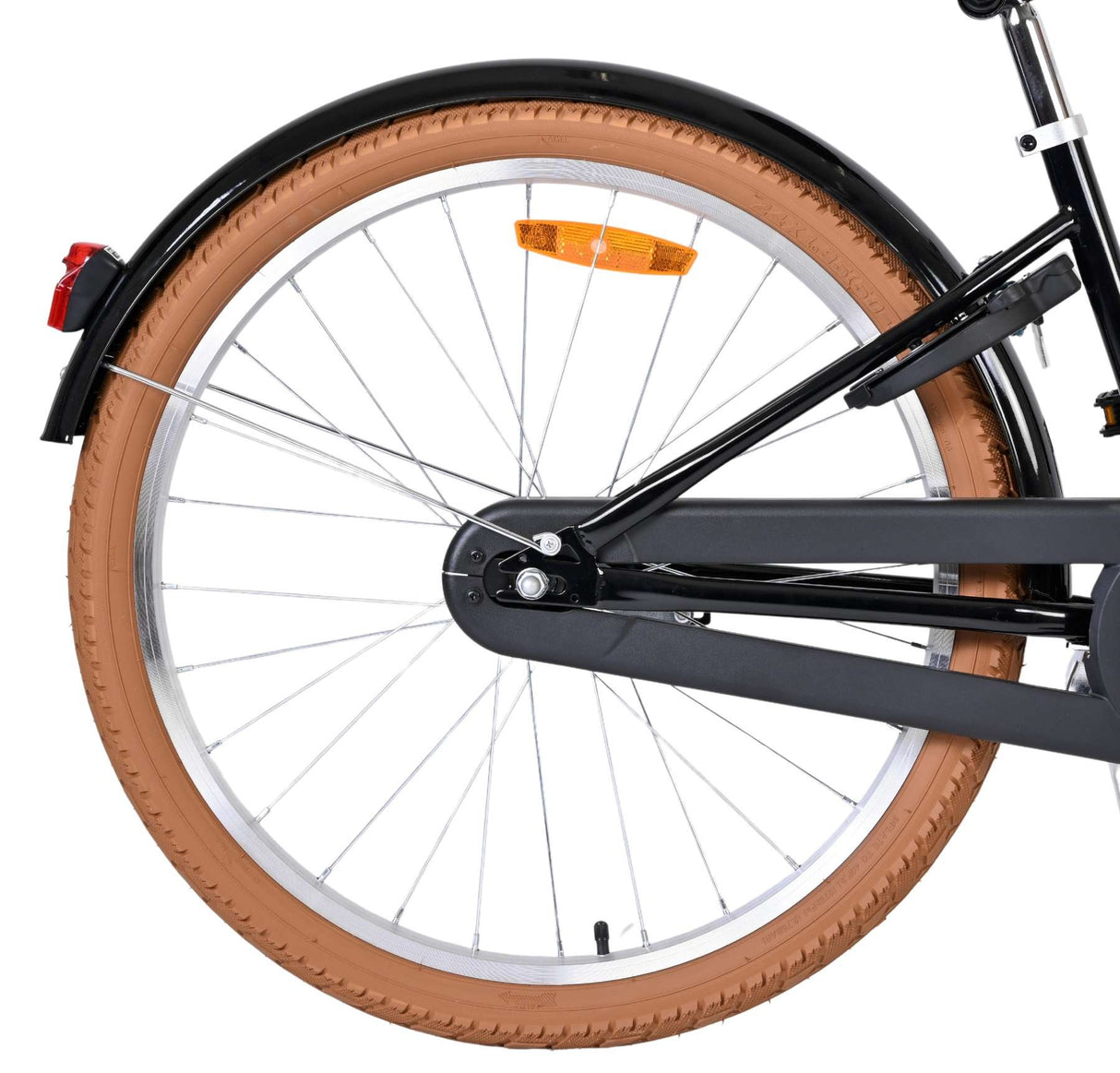 Schwarzes Fahrrad mit braunem Reifen und reflektierendem Element am Schutzblech