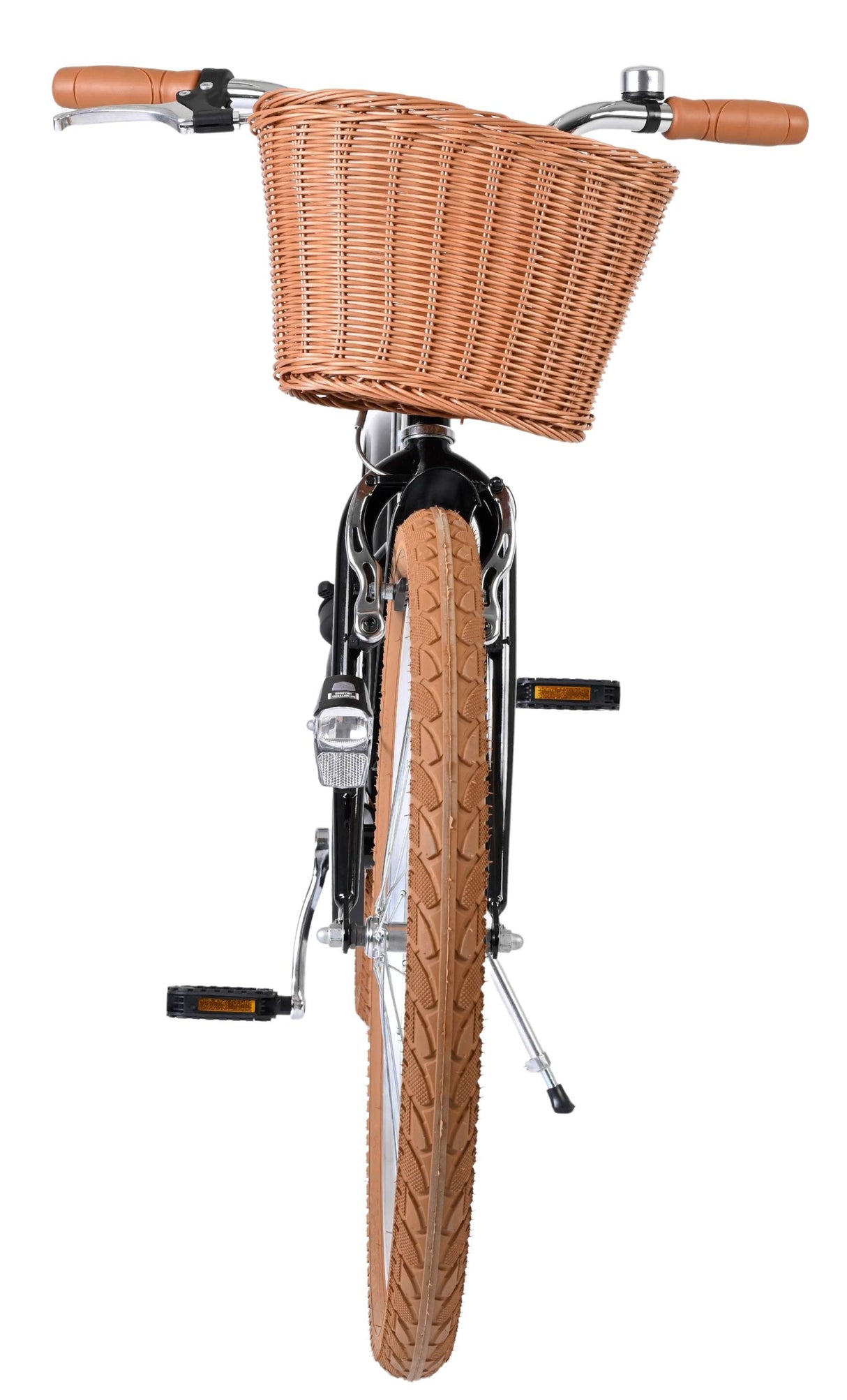 Schwarzes Fahrrad mit geflochtenem Korb und braunen Reifen